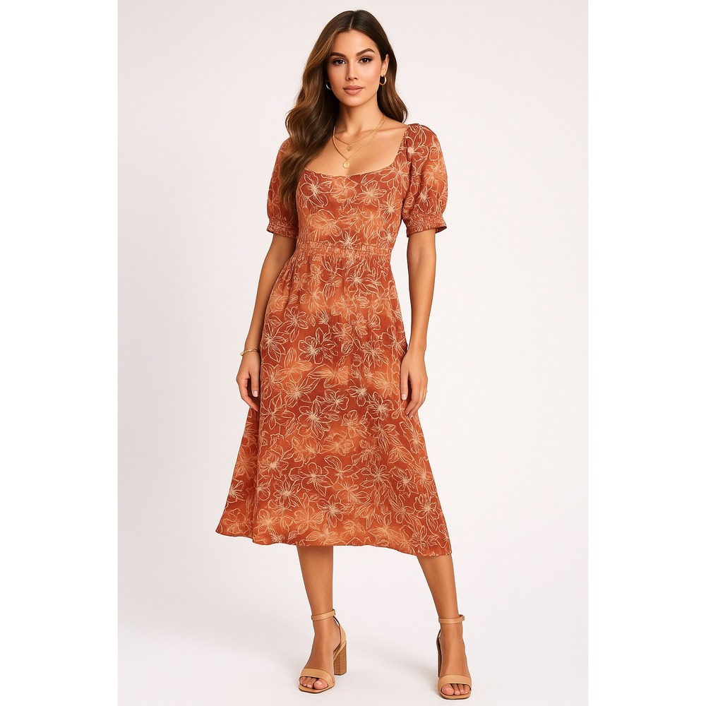 Roxy Dress Womens XL Orange Floral Smocked Hawaiian Beach Backless Flowy Midi‎